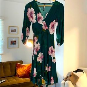Anthropologie green floral dress, asymmetrical hem